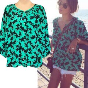 NWOT Moda International Blouse Sz.L 100% Silk Green Black Balloon Sleeve 90s